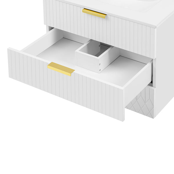 English Elm 24inch Bathroom Vanity with Ceramic Basin Sink, Wall-Mounted Double Drawer Cabinet for Small Baths White N710P324097K
