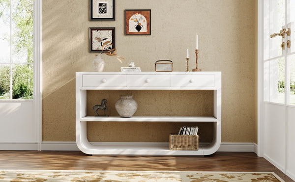 English Elm [video] Sculptural Console Table Pine Wood Curved Legs Soft-close Drawers Open Shelving Entryway White N759P433560K