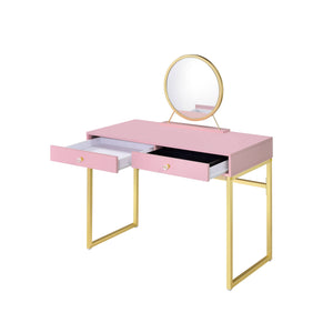 English Elm Coleen Pink & Gold Makeup Vanity Desk with Mirror, Crystal Handles, Jewelry Tray & 2 Drawers Decor B2726P315739
