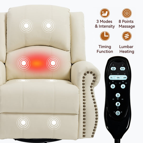 English Elm Heat Massage Rocker Swivel Recliner Chair with Lumbar Relief Nodes for Living Room Beige W3224S00028