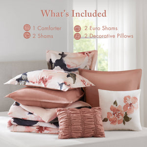 English Elm 7-piece Cal King Cotton Printed Comforter Set with Embroidered Decorative Pillows Blush Multi B035P482948