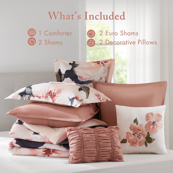 English Elm 7-piece Cal King Cotton Printed Comforter Set with Embroidered Decorative Pillows Blush Multi B035P482948