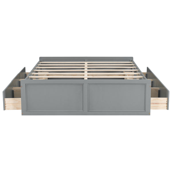 English Elm Wood Queen Platform Bed Solid Pine Frame Six Storage Drawers No Box Spring Needed Gray N709P241723E-1