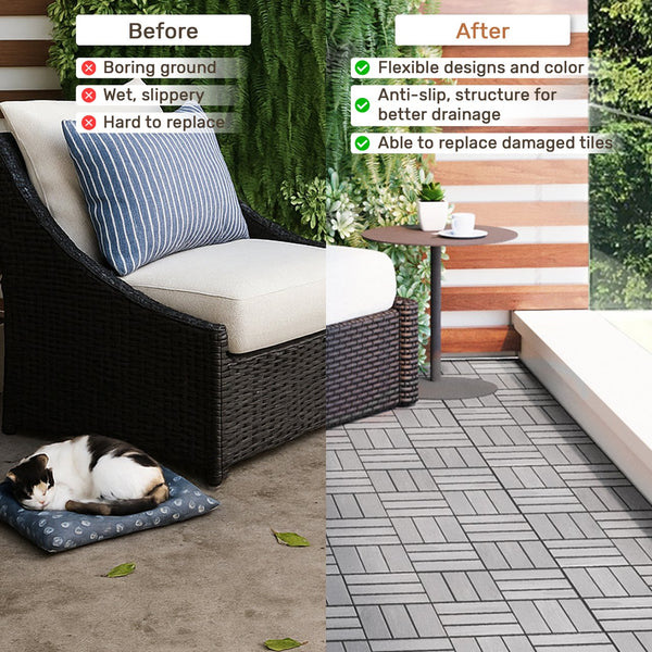 English Elm 30 Interlocking Deck Tiles Checker Pattern 12" x 12" Acacia Hardwood Outdoor Flooring Waterproof, DIY-Friendly, Mold-Resistant Light Gray W2391P288857