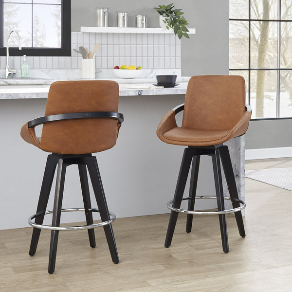 English Elm Fixed-height Swivel Counter Stools with Faux Leather Seats and Chrome Footrest Set of 2 B202S01807