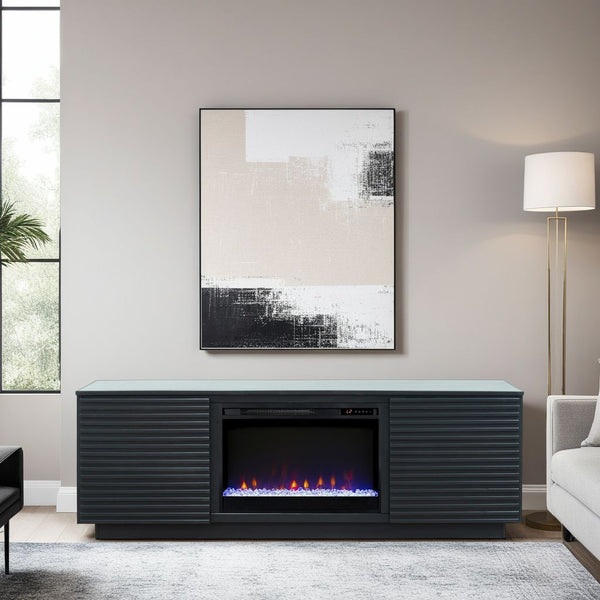 English Elm 73 Inch Fireplace TV Stand for TVs up to 85" Black Finish — Poplar & Okume Veneer Console w/ Fireplace, Storage, Remote Control, Cable Management (Fits 400 sq ft) B108P255362