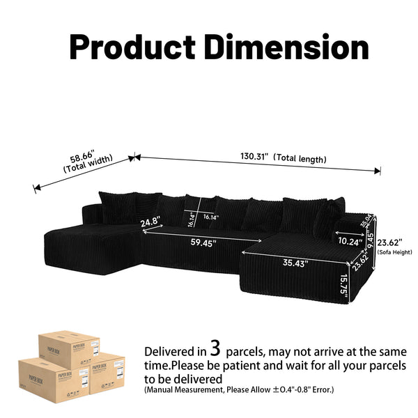 English Elm Modular U-Shaped Sectional Sofa - 4-Seater Reversible Chaise In Black Corduroy For Modern Living Spaces W3276S00015