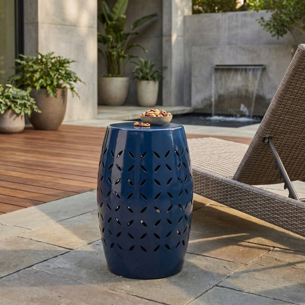 English Elm Lilac Barrel Iron Outdoor Accent Table with Leaf Cutout Pattern for Patio or Balcony 61305.00