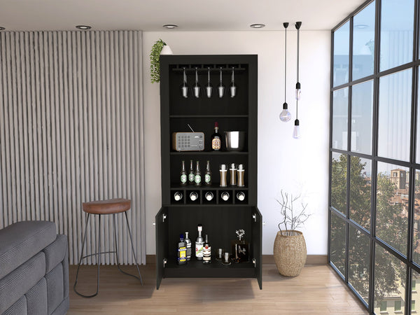 English Elm Montenegro Tall Black Bar Cabinet with Wine Storage Open Shelving and Glass Rack B070S00343