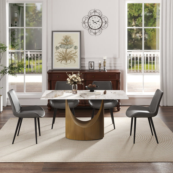 English Elm 55.12"Modern Sintered Stone Dining Table with Bronze Iron Legs — Sleek Rectangular Top, Seats 6, 400 lb Capacity Antique Brass,White W1535S00556