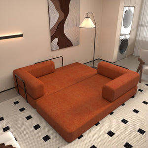 English Elm Convertible Floor Sofa Bed Orange Corduroy 3-Seat Sleeper with Cylindrical Pillow, Foldable Lounge W1960P411414