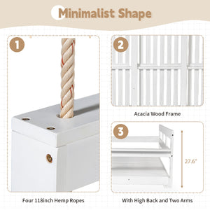 English Elm TOPMAX Acacia Wood Twin Porch Swing Bed Frame with High Back, 350lb Capacity & 118" Hemp Ropes White N717P265795K