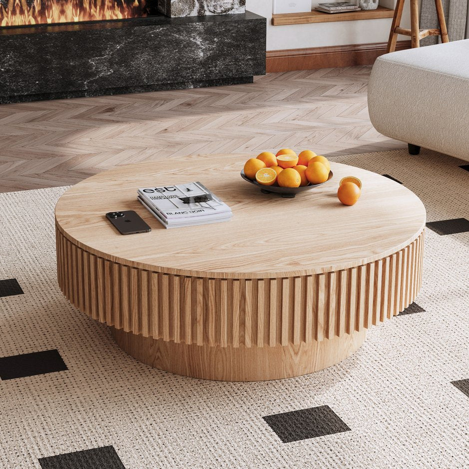 English Elm 39.37'' Round Lift-top Coffee Table Fluted Wood Veneer Hidden Storage Modern Living Room Natural Wood W1435P261923