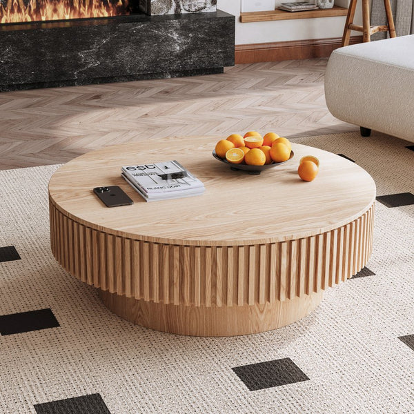 English Elm 39.37'' Round Lift-top Coffee Table Fluted Wood Veneer Hidden Storage Modern Living Room Natural Wood W1435P261923