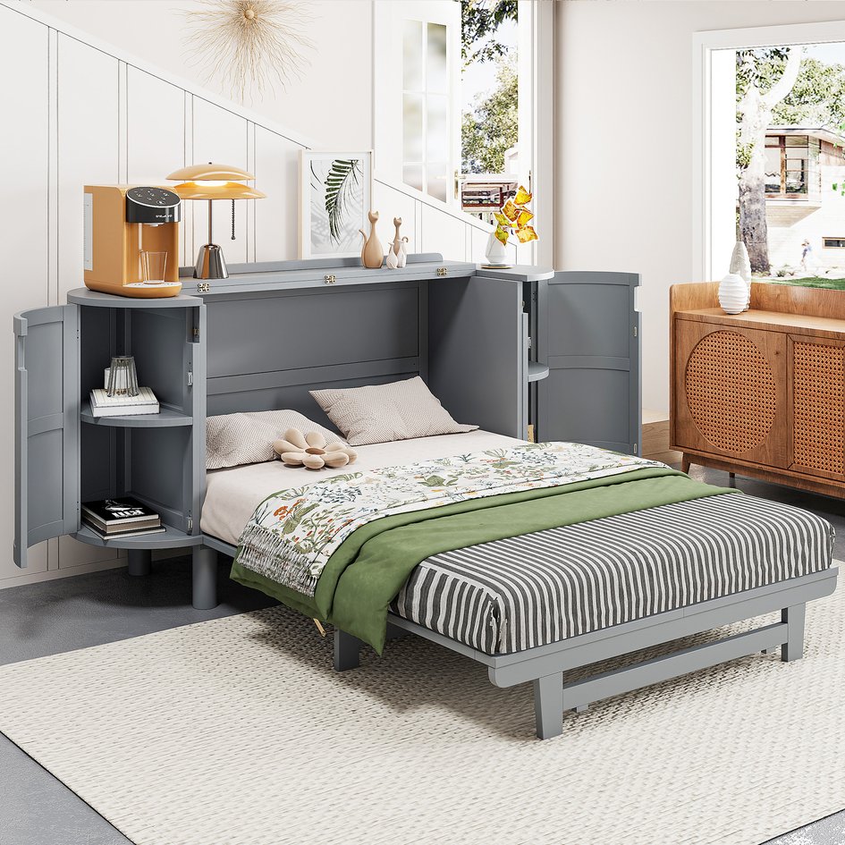 English Elm Full Murphy Bed with Woven Rattan Cabinet Front and Built-in Side Storage Units Gray LP000599AAE