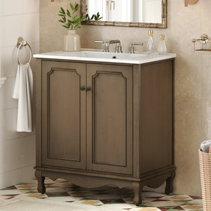 English Elm Christopher Knight Home® - 30" Vintage Bathroom Vanity with Rectangle Ceramic Sink, Rubber Wood Legs, Soft-Close Doors, Adjustable Shelves Antique brown N817P245316L