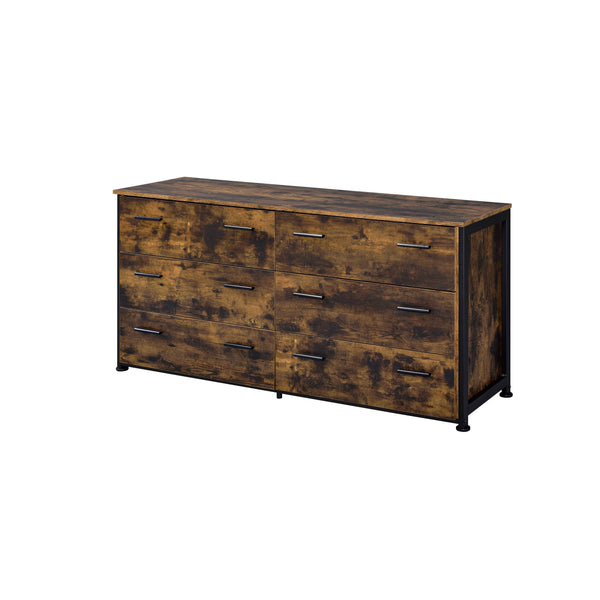 English Elm Juvanth Rustic Oak & Black Dresser with 6 Smooth-Glide Drawers, Industrial Metal Frame, Walnut Finish B2726P248603