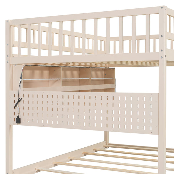 English Elm Full Over Bunk Bed with Led Lighting Pegboard Shelving and Pine Wood Frame Beige LT000278AAA