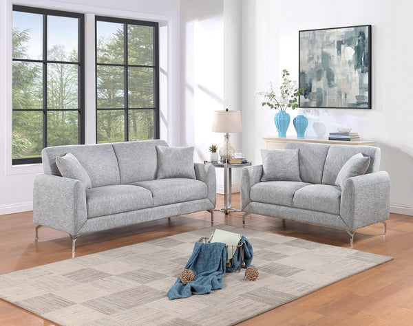 English Elm Elegant Burlap-Like 2pc Sofa Loveseat Set with Chrome Triangle Legs, Tight Seat/Back & Pillows Light Gray 75 L x 30 W x 21 H B011S01336