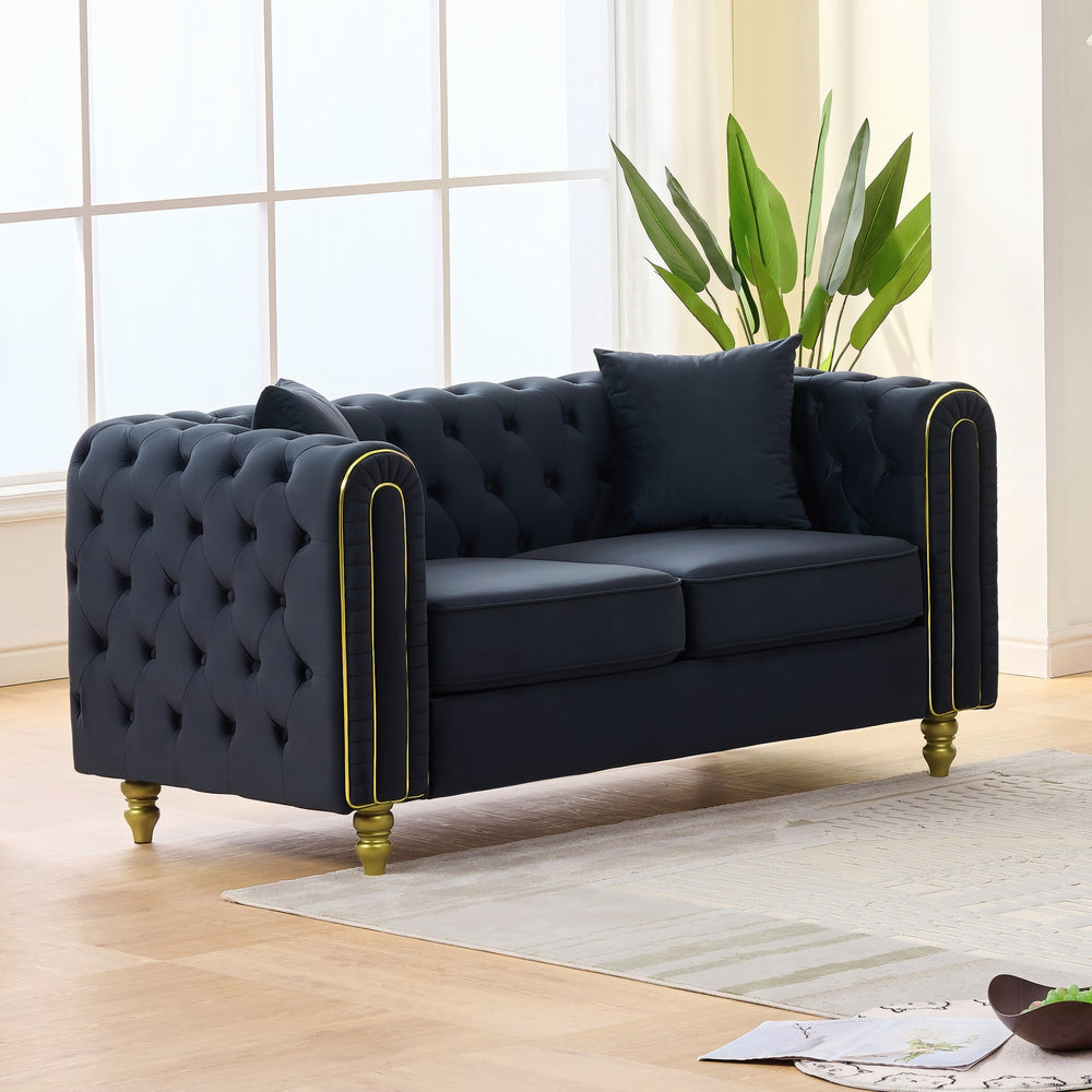 English Elm 63" Chesterfield Velvet Loveseat Button Tufted with Gold Legs for Glam Living Rooms W3373S00081