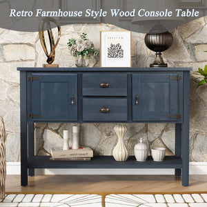 English Elm 46'' Solid Pine Retro Buffet Server with Iron Hardware Drawers Cabinets and Open Shelf Navy Blue W1202P457252