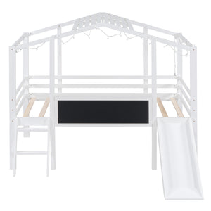 English Elm Twin House Loft Bed with Slide Chalkboard Panel and Led Roofline for Kids White WF324323AAK