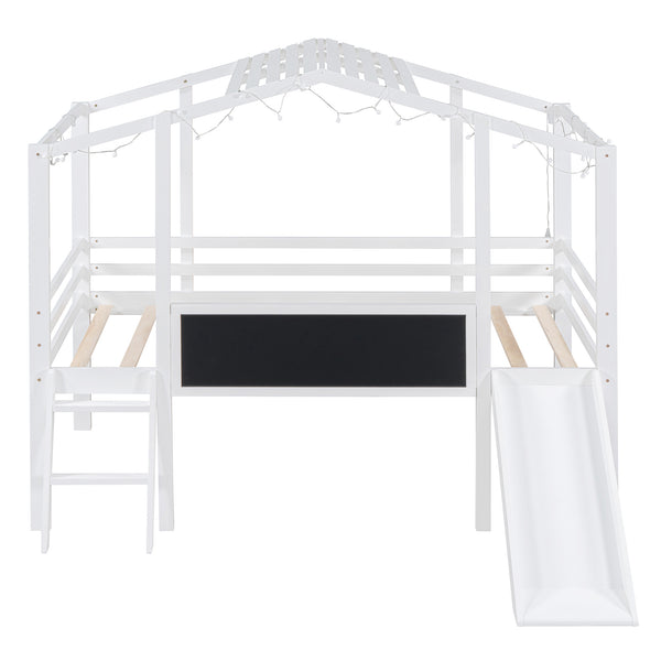 English Elm Twin House Loft Bed with Slide Chalkboard Panel and Led Roofline for Kids White WF324323AAK