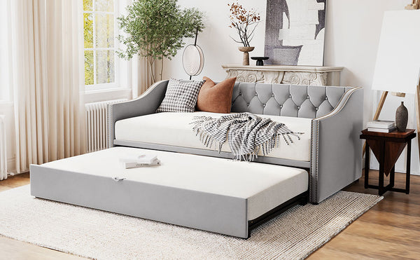 English Elm Twin Upholstered Daybed with Pop-Up Trundle, Space-Saving Guest Bed with Slats, Hydraulic Wheels, 81.9" L Gray SF000133AAE