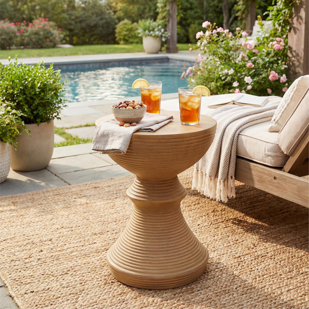 English Elm 16" Ribbed Concrete Outdoor Side Table Sculptural Hourglass Patio Garden Accent Natural N767P192100N