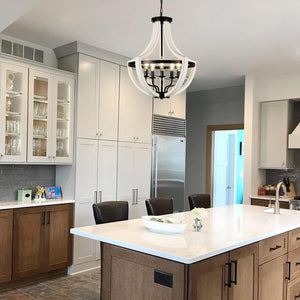 English Elm Modern White Solid Wood Chandeliers — 5-Light Farmhouse Pendant or Flush Mount, Dimmable E12 Bulbs, Rustic Elegance W2738P242328