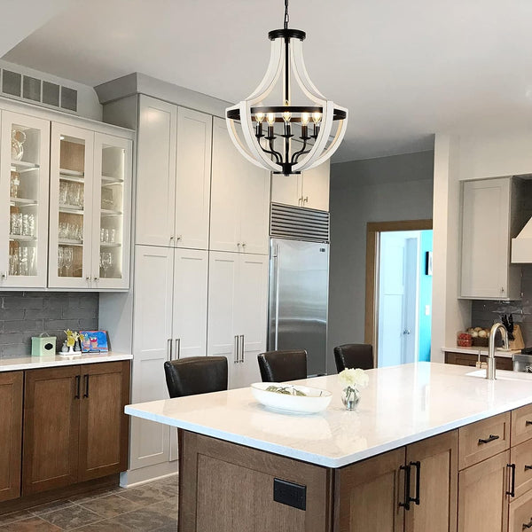 English Elm Modern White Solid Wood Chandeliers — 5-Light Farmhouse Pendant or Flush Mount, Dimmable E12 Bulbs, Rustic Elegance W2738P242328