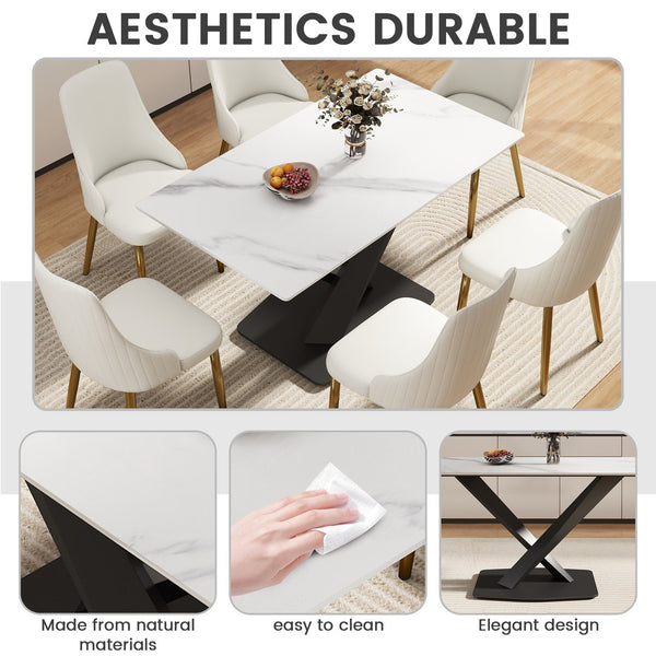English Elm 55.12" Modern White Sintered Stone Dining Table With Black Metal X-Leg Base For 6 People, Stylish & Durable W1535S00537