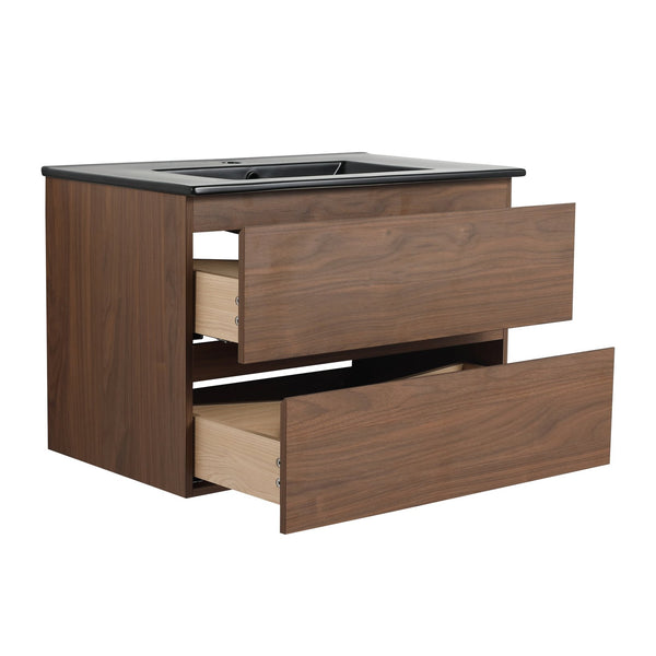 English Elm 30" Wall-Mounted Bathroom Vanity With Black Ceramic Sink & Soft-Close Drawers For Modern Spaces W999S00195