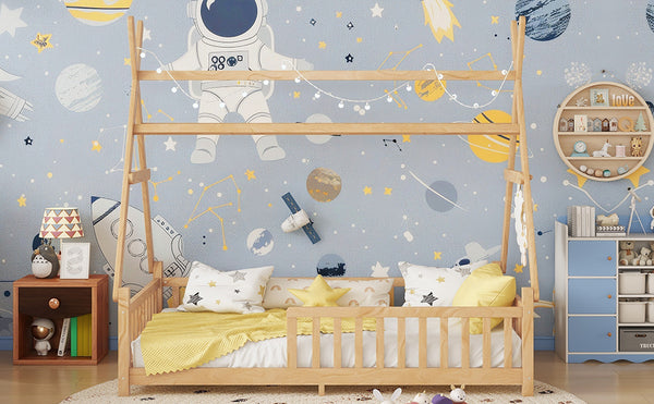 English Elm Twin House Bed with Roof and Guardrails, Low Floor Kids Playhouse Bed with Tent and Lights, Cozy Design Natural 80.91 L x 15.55 W x 6.5 H W2593P296911