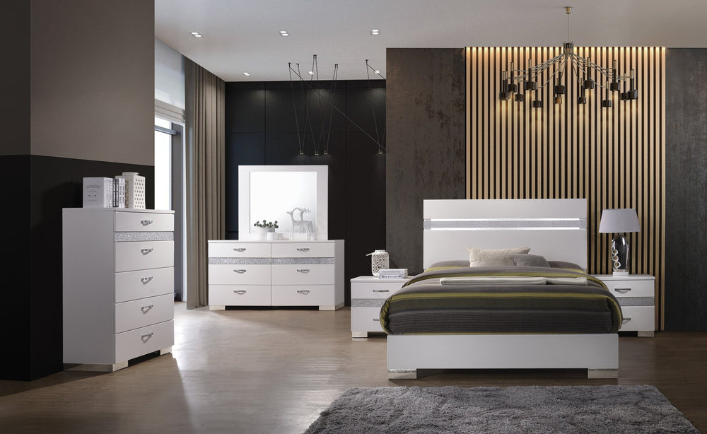 English Elm White High Gloss Queen Bed with Sparkling Acrylic Panel, Chrome Block Legs, Low-Profile Footboard, Box Spring Required B062S00519