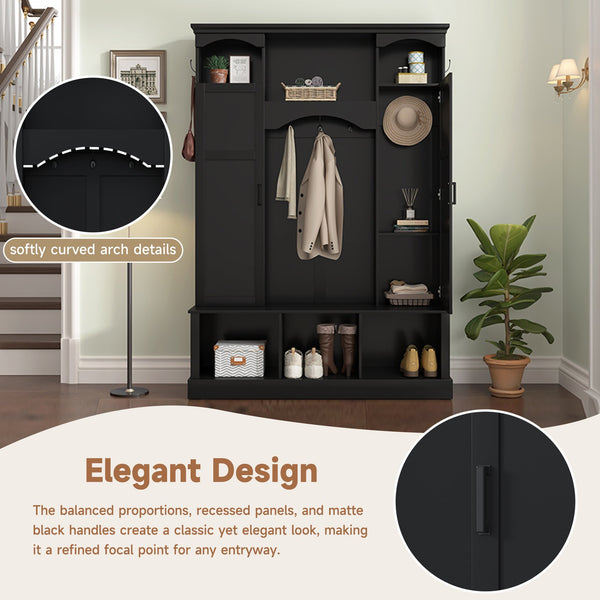 English Elm On-trend Farmhouse Hall Tree with Dual Cabinets Seven Hooks and Arched Entryway Storage Black N721S000078B