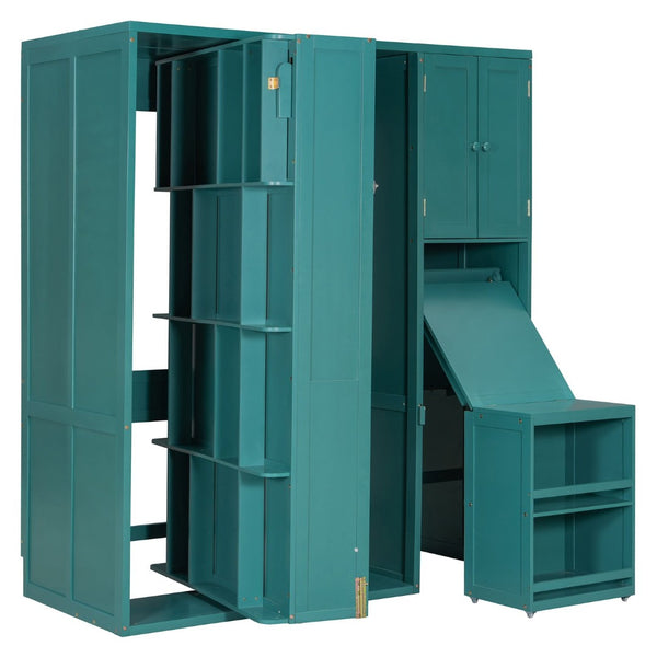 English Elm Twin Size Rotating Murphy Bed With Integrated Bookshelf, Extendable Desk & Stylish Storage Solutions N820S00066C-GIGA