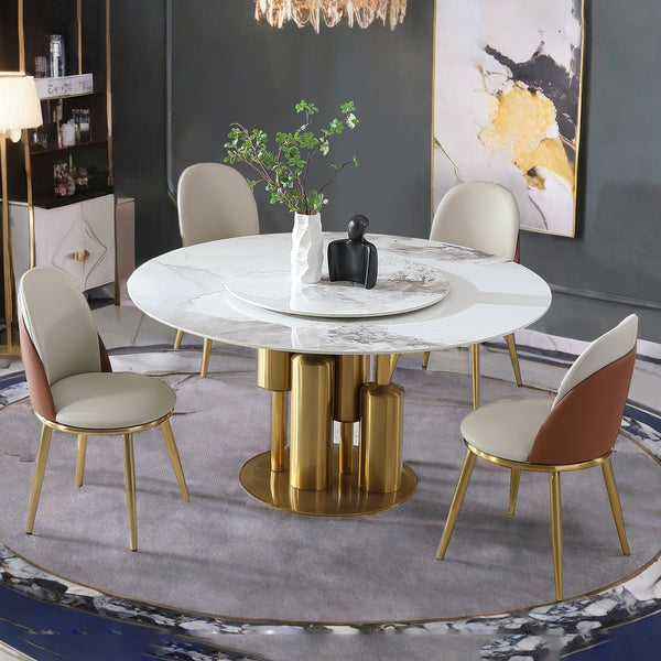 English Elm Modern Marble Dining Table - 59" Round Sintered Stone With 360° Lazy Susan For Chic Dining Spaces W2699S00014