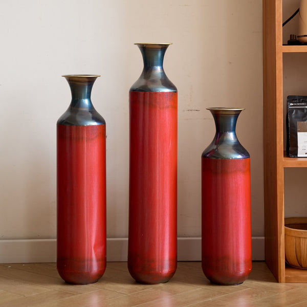 English Elm Floor Red Metal Vase Set 3-Piece Droplet Sculptures — Modern Glazed Tall Decorative Vases for Home W2796P371277