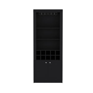 English Elm Nero 74-Inch Tall Bar Cabinet with 10-Bottle Cubbies, 16 Stemware Slots, 4 Shelves, Black B070P188833