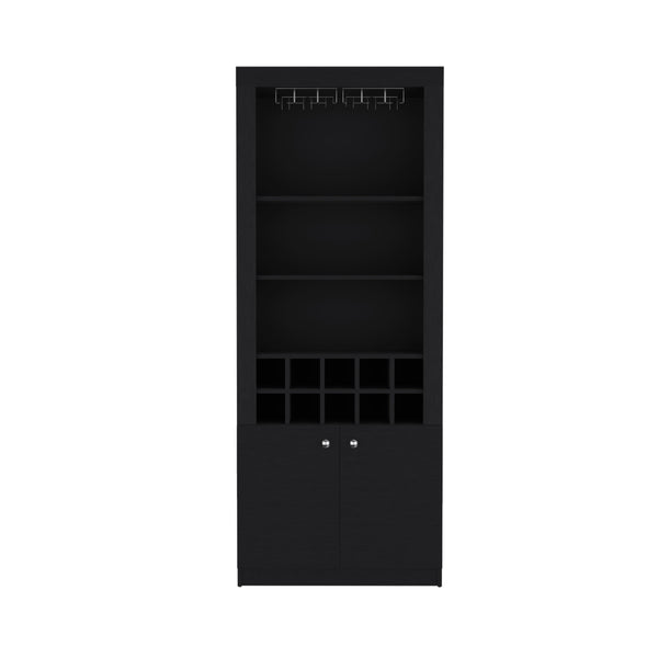 English Elm Nero 74-Inch Tall Bar Cabinet with 10-Bottle Cubbies, 16 Stemware Slots, 4 Shelves, Black B070P188833