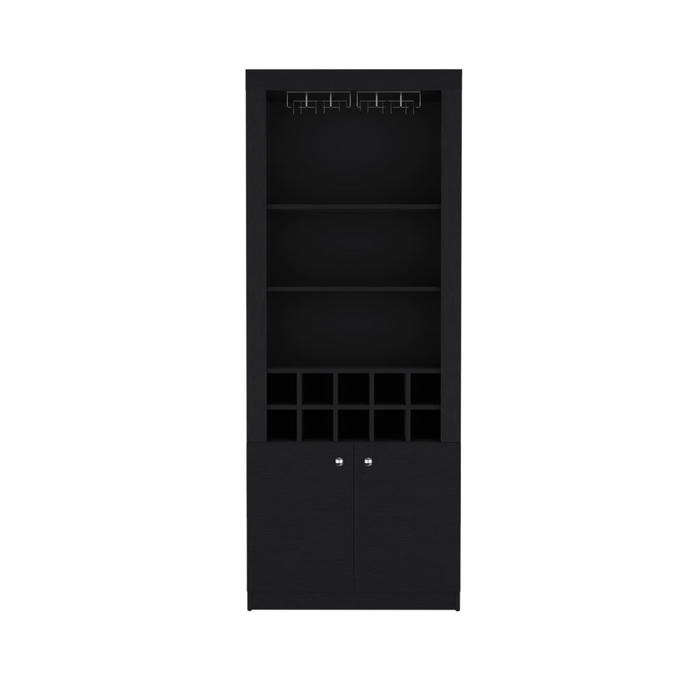 English Elm Nero 74-Inch Tall Bar Cabinet — Modern Black Liquor & Wine Storage with 10-Bottle Cubbies, Stemware Rack, 4 Shelves B200P188833