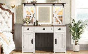 English Elm 43.3" Rustic Farmhouse Vanity Desk with Led Mirror Barn Door Stool Charging Station N704P328548A