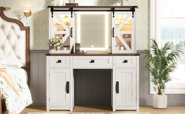 English Elm 43.3" Rustic Farmhouse Vanity Desk with Led Mirror Barn Door Stool Charging Station N704P328548A
