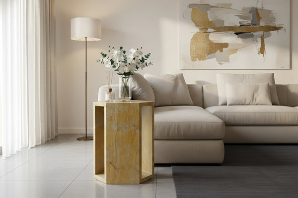 English Elm Genuine Solid Marble Hexagonal Pedestal End Table Polished Stone for Modern Living Gold W1696P407995