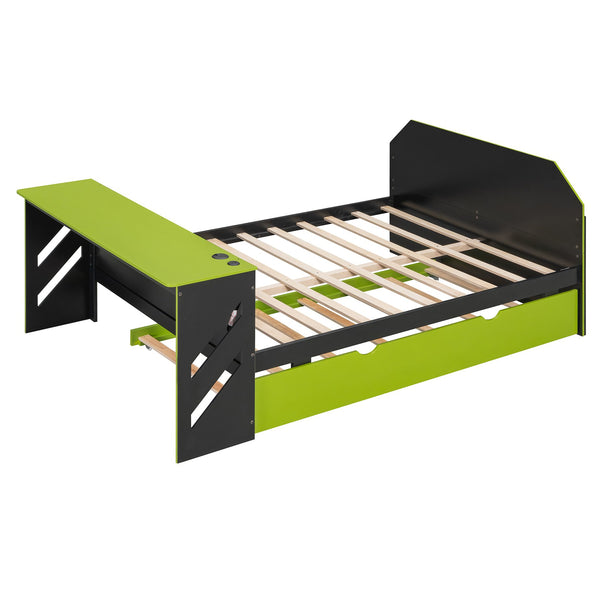 English Elm Full Size Wood Daybed with Twin Trundle Desk and Usb Charging for Teen Rooms Green LT000262AAG
