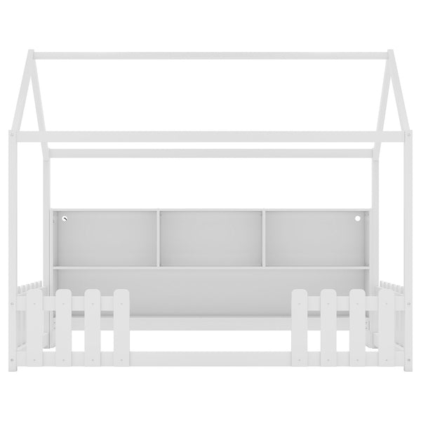 English Elm Twin House Bed with LED Light and Built-In Bookshelf, Solid Wood Playhouse Design for Kids Safety White 78.15 L x 15.75 W x 6.1 H W2593P269087