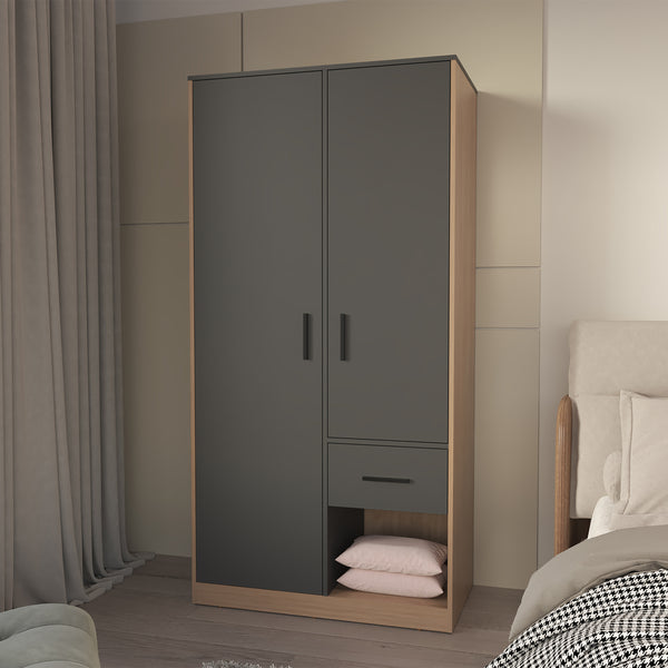 English Elm Lugoff Matt Grey & Natural Oak Wardrobe with 2 Doors, Drawer, Shelves & Hanging Space for Bedrooms B128S00175