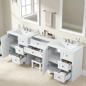 English Elm 84" Double Sink Vanity with Stone Countertop Six Soft Close Drawers and Silver Knobs White N817P404196W