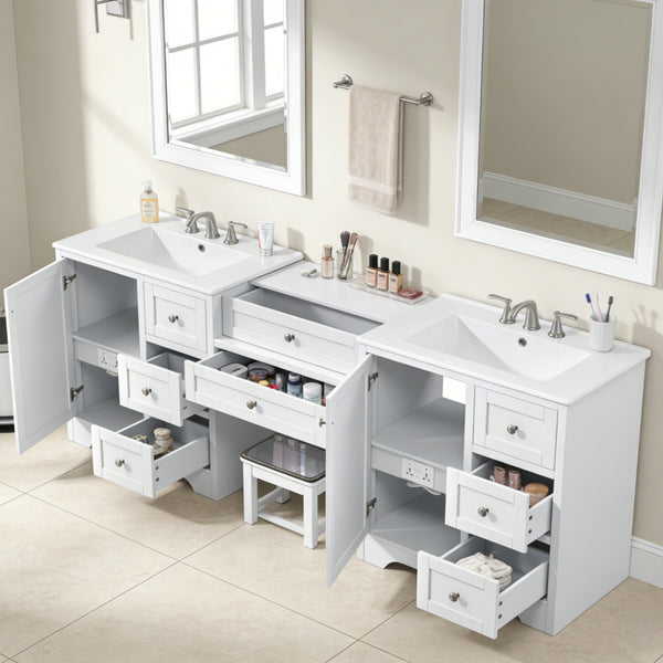 English Elm 84" Double Sink Vanity with Stone Countertop Six Soft Close Drawers and Silver Knobs White N817P404196W